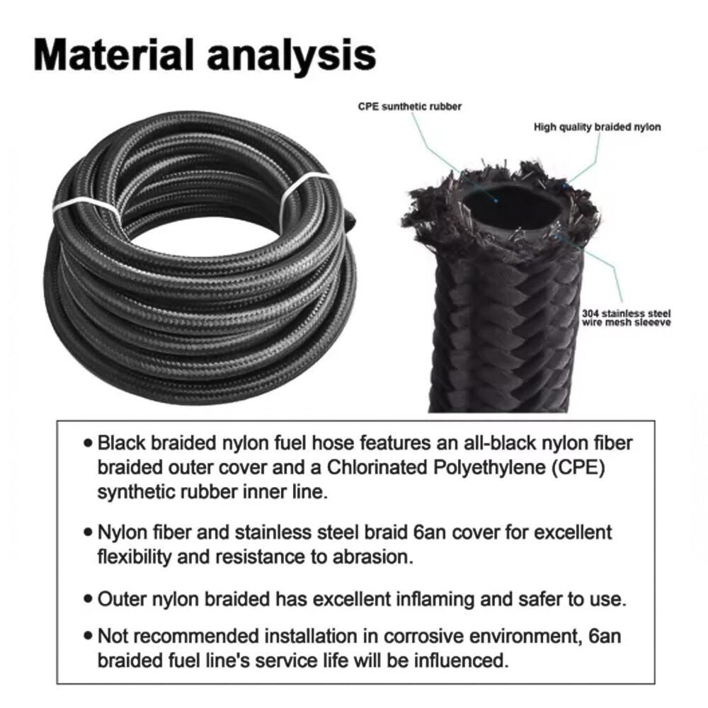 Black Fuel Hose Oil Fuel Gas Line AN6-AN8-AN10 Nylon Braided Stainless Steel