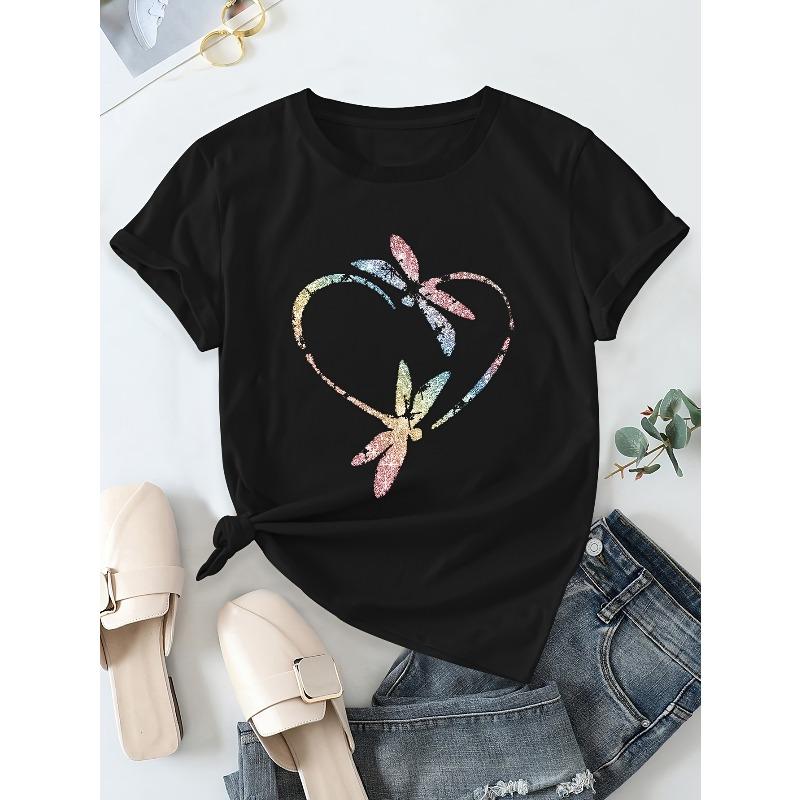 European sizes Women's Print T-Shirt - Short Sleeve Round Neck Summer Casual Blouse, Machine Washable Spring/Summer Casual Attire with Dragonfly