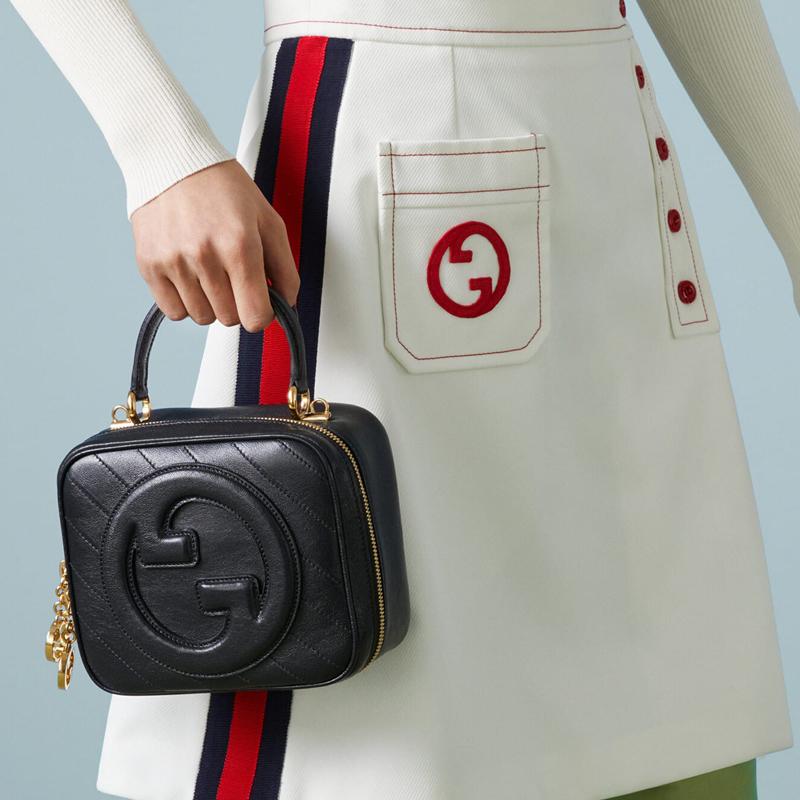 Gucci Blondie Runde Ineinandergreifende Doppel-G Reißverschluss Leder Schulter Crossbody Handtasche Damen Handtaschen Schwarz 744434-1IV0G-1000