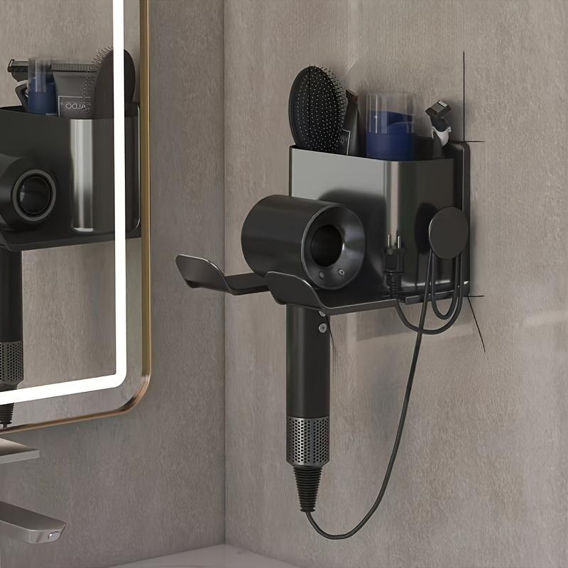 

In-Stock No-Punch Wall-Mounted Hair Dryer Holder with Wind Nozzle and Bathroom Vanity Shelf for Toothpaste and Comb Storage. чёрный
