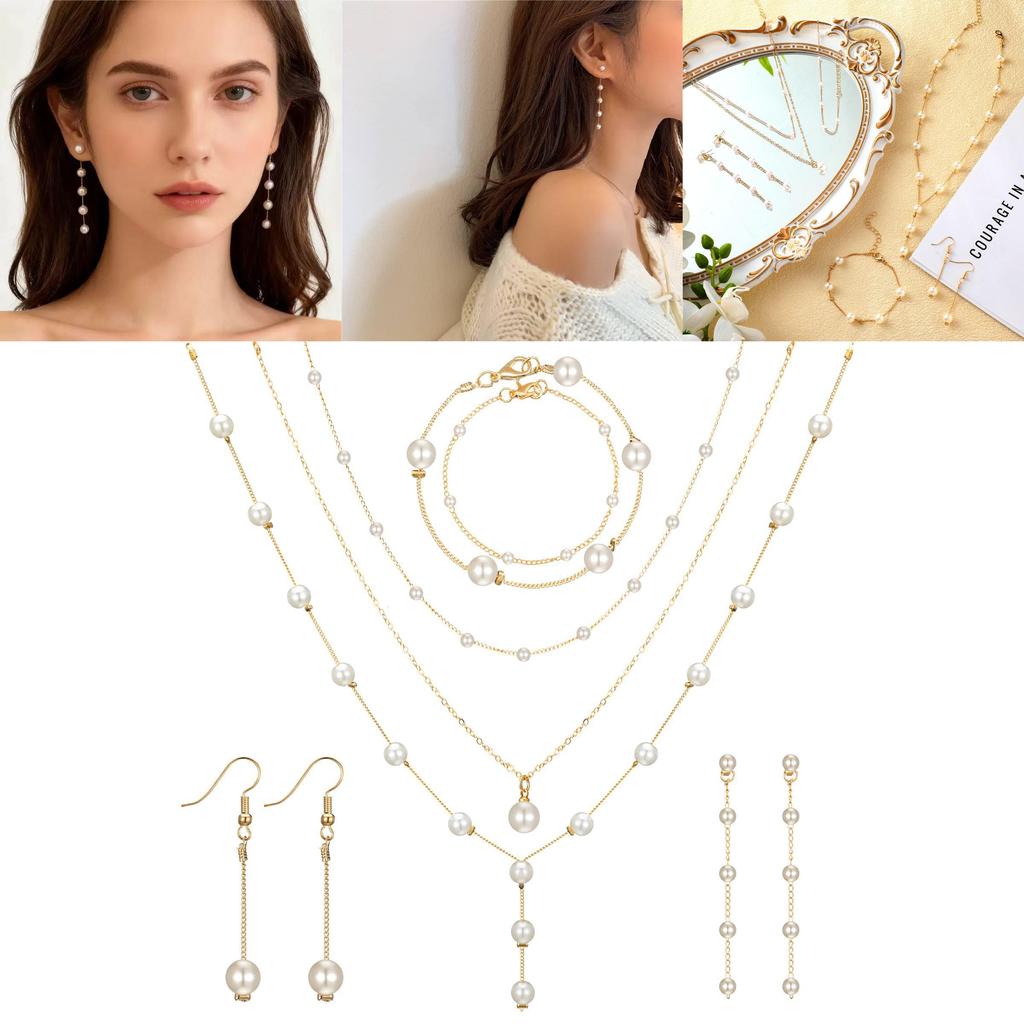 Lightweight French Pearl Necklace And Earring Set With Geometric Design For Elegant Women
