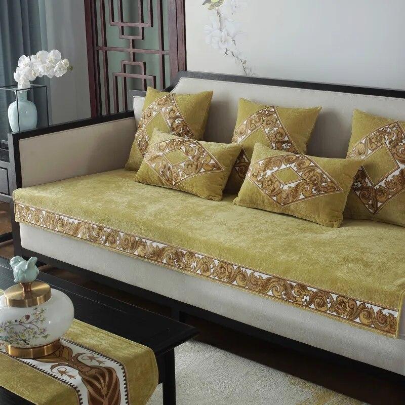 Luxury Embroidery Sofa Towel Fashion Solid Color High Grade Chenille Sofa Cover Chinese Anti-slip Couch Covers for Living Room