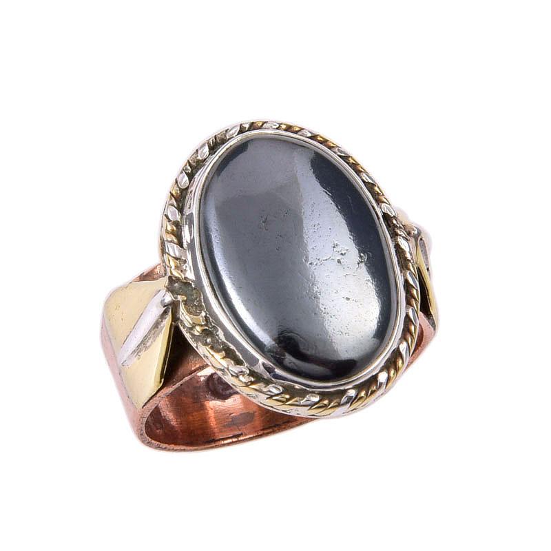 Natural Gunmetal Gemstone 925 Solid Sterling Silver Gift Two Tone Ring S.6 h7O07