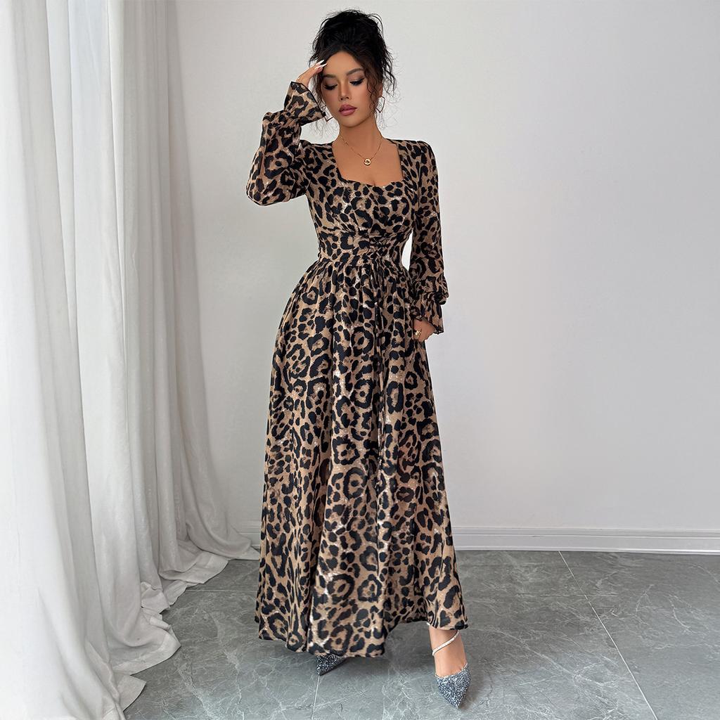 Cross-border European and American elegant leopard print long sleeve and long skirt dress women's wear Autumn/Winter independent site