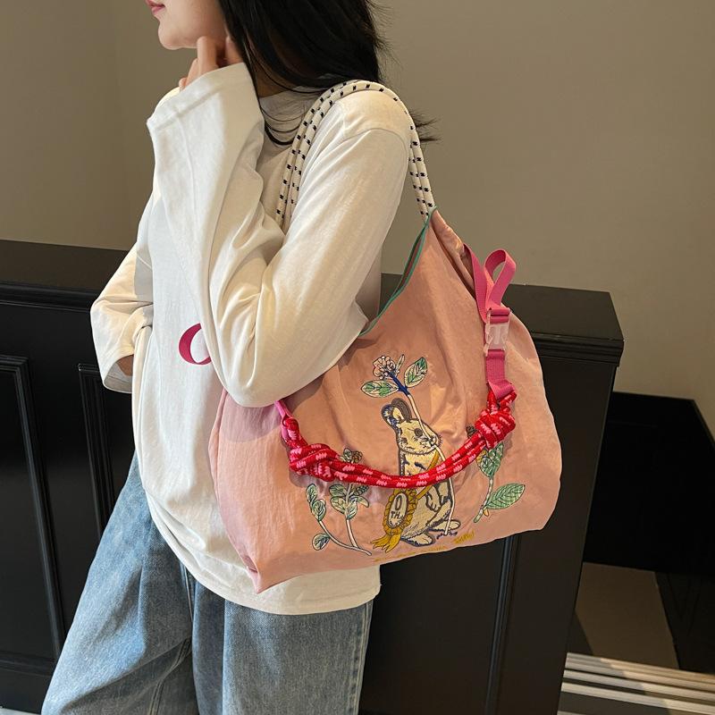 

Casual environmentally friendly embroidered shopping bag Nylon cloth bag Portable niche fashion tote bag Large capacity shoulder bag серый