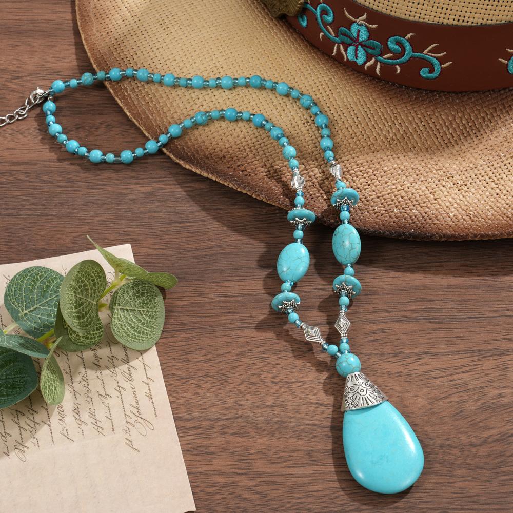 European American Bohemian Style Unisex Women's Turquoise Pendant Necklace Handmade Silver Plated Link Chain