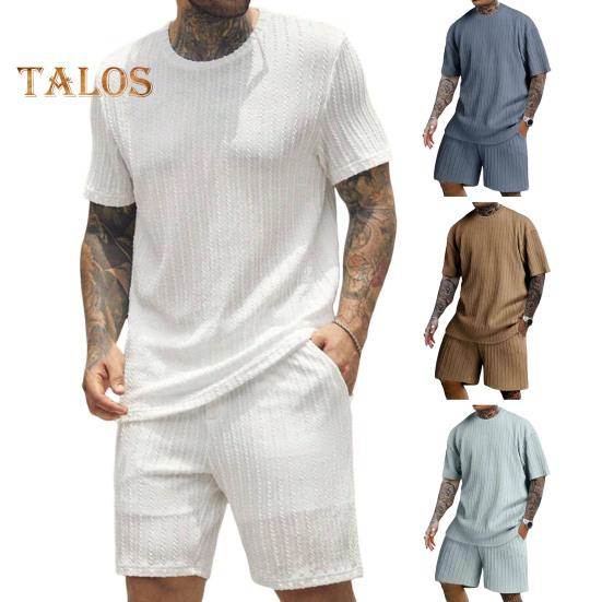 2 ks/sada Pánský sportovní oblek Tričko s krátkým rukávem do O výstřih Elastický pas Široké nohavice Šortky s kapsami Sada Žakárová textura Běžecké oblečení