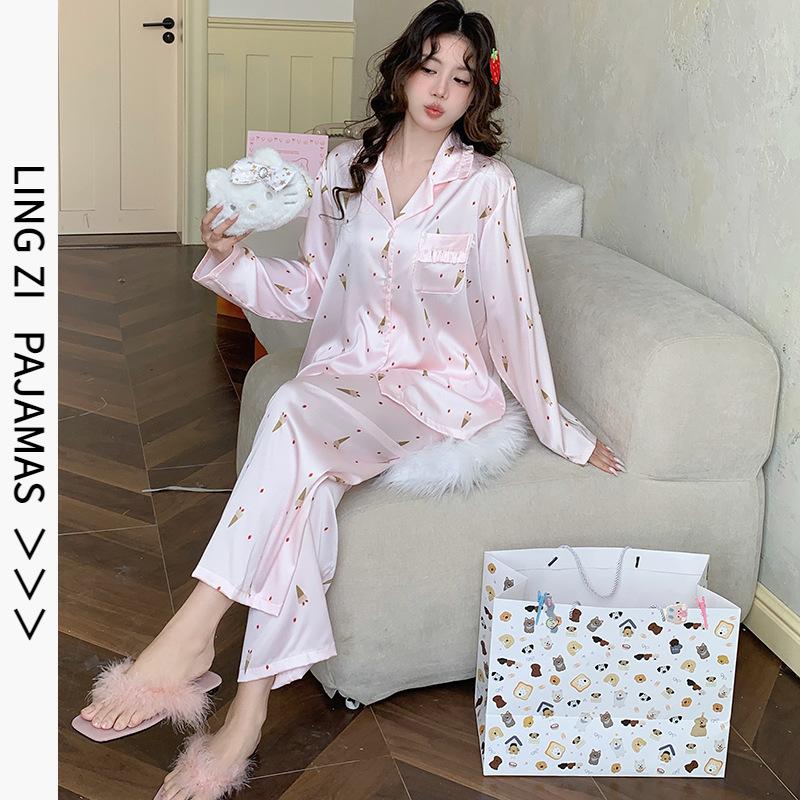 1011 New Ice Silk Pajamas Women's Ice Cream Ins Style Long-sleeved Trousers High-end Loungewear Suit Can Be Worn Outside