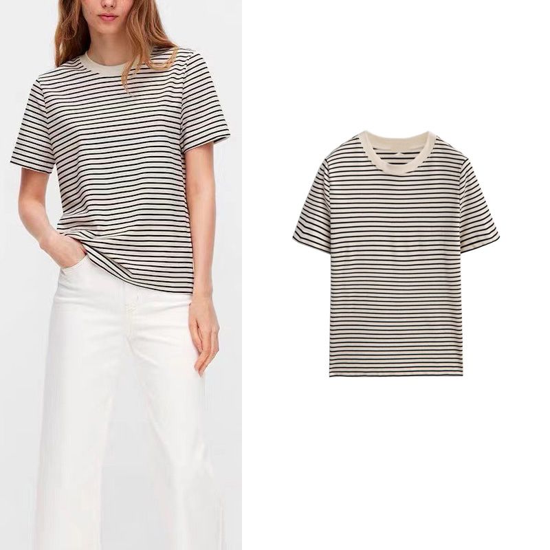 MD Spring New Arrival Standard Cotton Tee Base Shirt Tops Round Neck Stripes T-shirt Women's Short Sleeve