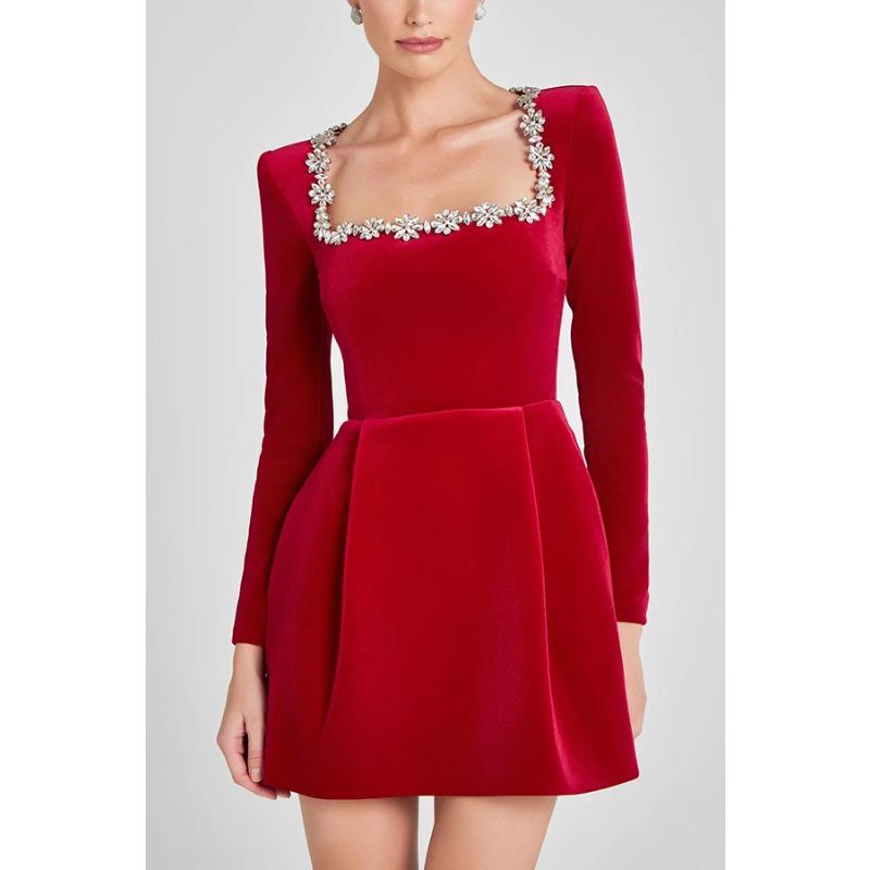 Spring women's dress temperament elegant square neck pearl lace short fashion dress