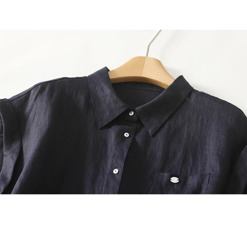 Women Casual Loose Short Sleeve Lapel Collar Cotton Linen Shirt Top