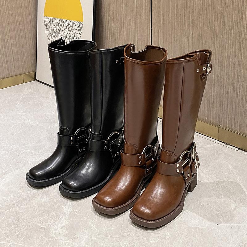 Fashion Women Boots Quality Leather Long Boot Retro Metal Buckle Design Women Boots Punk Style Knee-high Boots Women Knight Boot