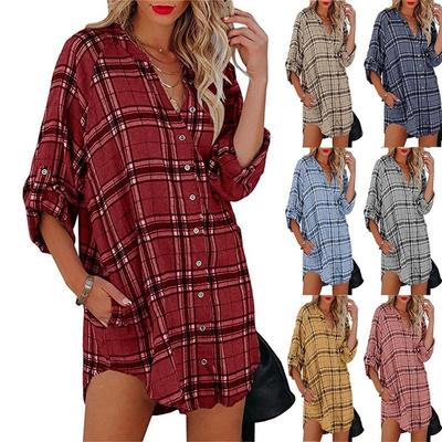 T-Shirt-Kleid mit V-Ausschnitt und langen Ärmeln für Damen, neues Top-Midikleid für Damen, modisches Hemdkleid mit quadratischem Gittermuster, lässiger Reverskragen, Blusen in Übergröße