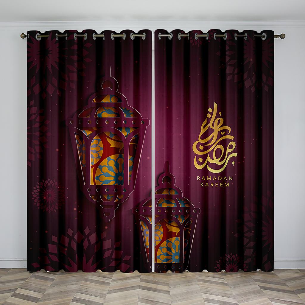 Eid Mubarak Ramadan  Lslamic Muslim Supplies Kareem 2 Pieces Shading Darkening Window Curtain for Living Room Bedroom Decor
