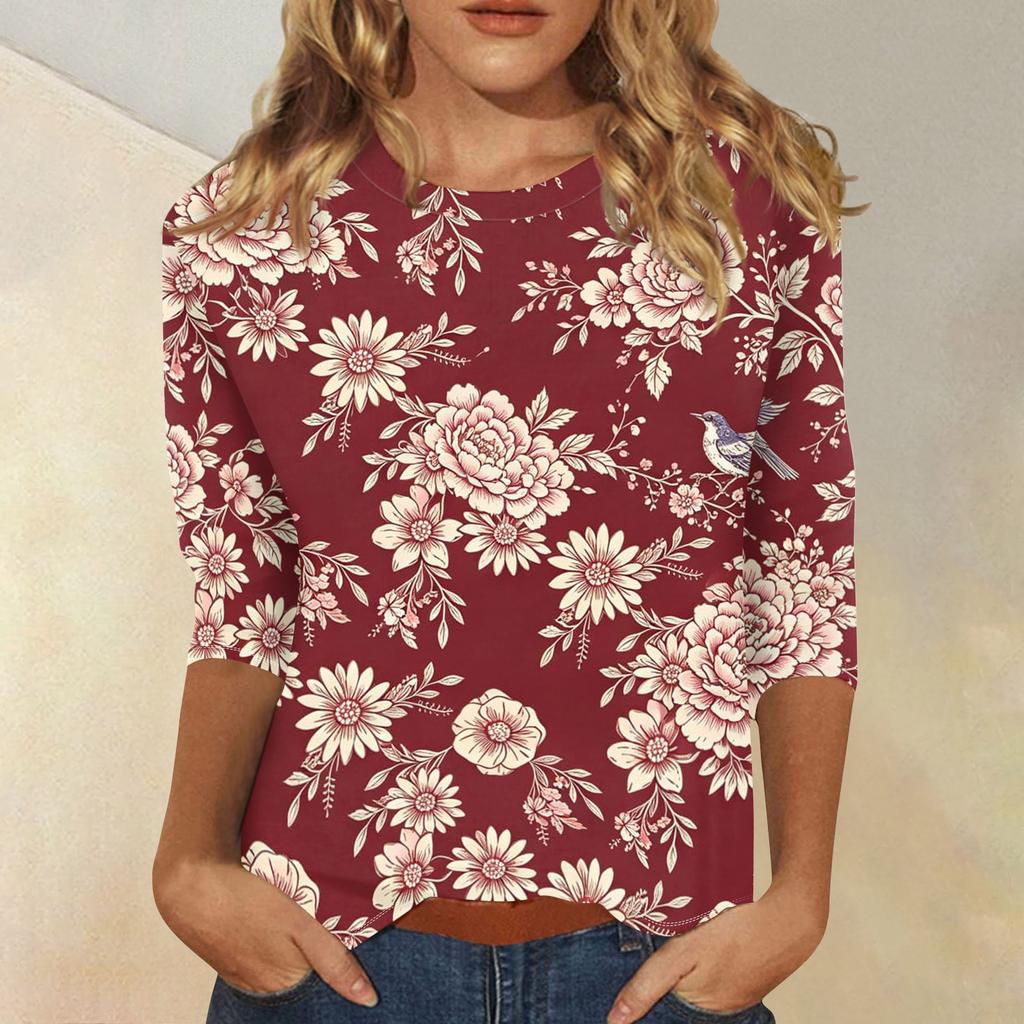 Damen Casual Oberteil mit Dreiviertelärm, Blumenprint, Rundhalsausschnitt, Lockerer Schnitt, Leichter Pullover-Bluse für den täglichen Gebrauch