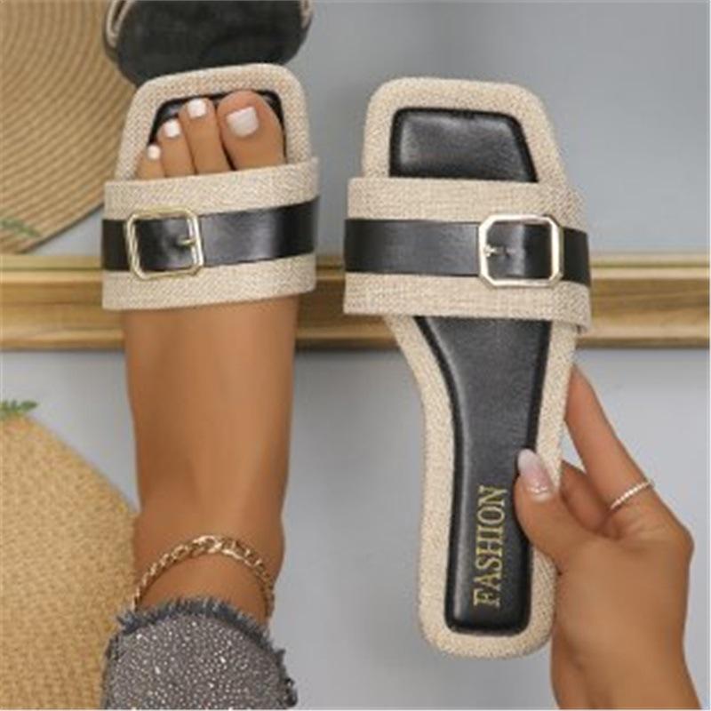 European and American Large-size Metal Buckle Flat Bottom Square Head One-word Slippers, Wearing Versatile Open-toed Dongmen Retro Cool Slippers Women