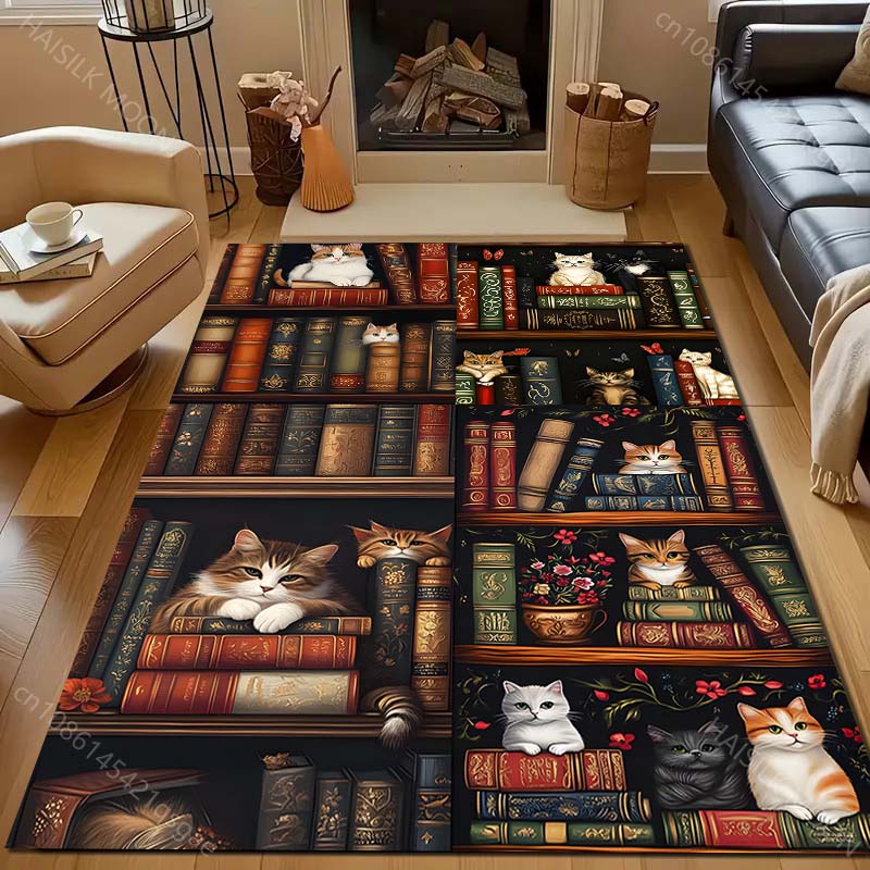 Bookshelf and Cats Print Carpet for Bedroom Living Room Bedside Sofa Floor Mat Modern Home Decor Area Rug Fast Shipping