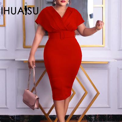 Με ζώνη Plus Size Γυναικείο Φόρεμα Commuter με αδυνάτισμα V-λαιμόκοψη