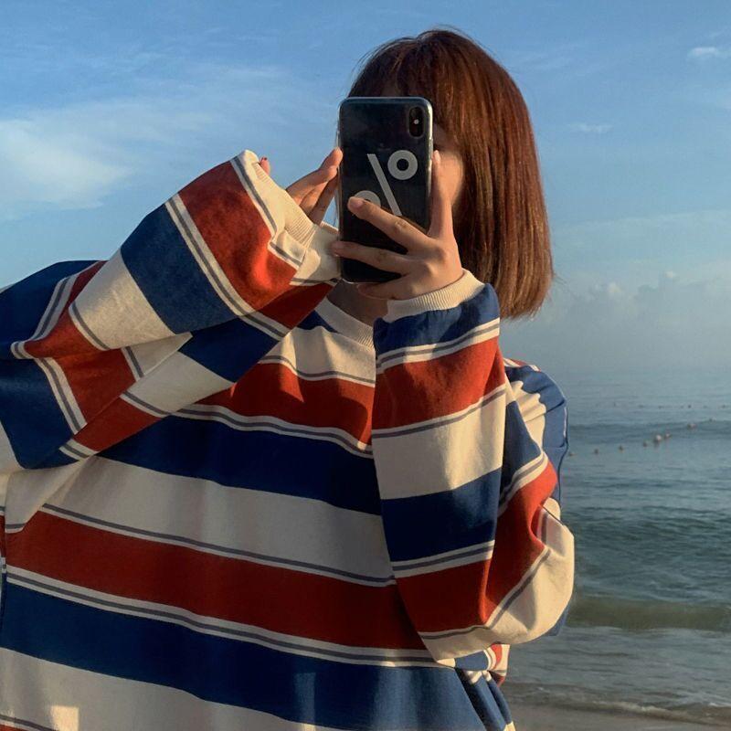 Korean Fashion Women Striped T-shirt Spring Autumn Round Neck Student Casual Thin Versatile Long Sleeve Pullover Tops