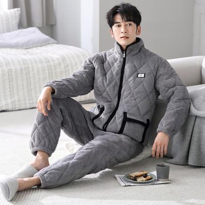 Men'S Pajamas Coral Fleece Autumn And Winter Three-Layer Padded Cotton Thickened Fleece Warm Flannel Padded Jacket Loungewear Set