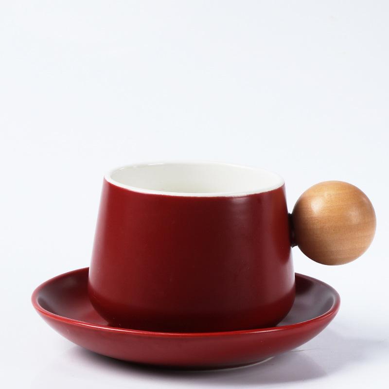 Home Coffee Cup and Saucer Set Expensive Mug Gift Ceramic Vintage Tea Set Wooden Handle Classic Mug Solid Color Ceramic Teacup