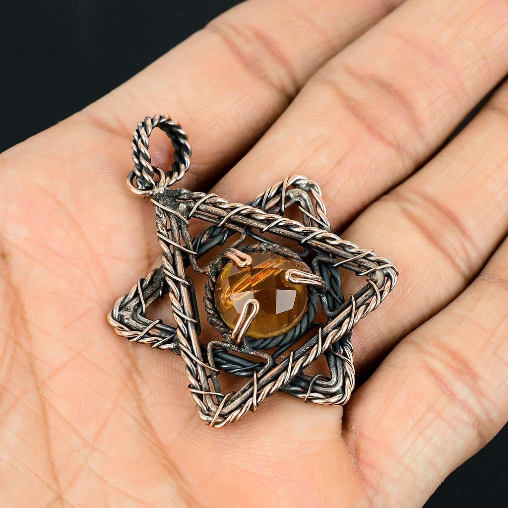 Citrine Gemstone Handmade Pure Copper Wire Wrap Jewelry Pendant For Thanksgiving
