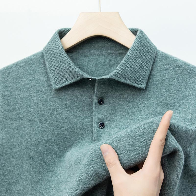 Men's Fashionable Pure Wool Solid Color Long-sleeve Polo Sweater