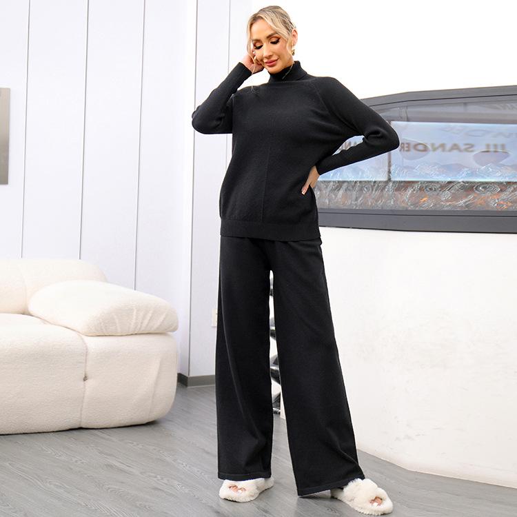 Solid Color High Neck Sweater & Wide Leg Pants Set - Women's 2024 Autumn/Winter Two-Piece