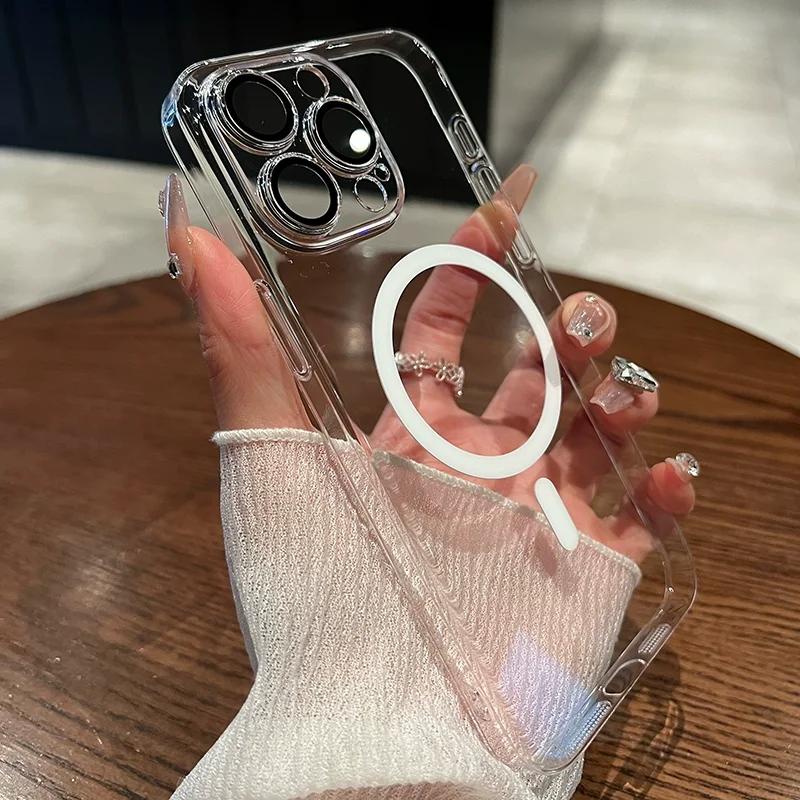 S puzdrom s ochranou objektívu Pre iPhone 15 14 13 12 11 Pro Max 14 Plus Pre Magsafe Magnetické bezdrôtové nabíjanie Priehľadný akrylový kryt