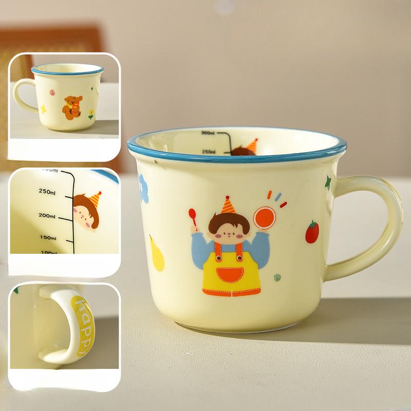 Milk Cup with Scale High Value Mug Ceramic No lid Cup for Household Children's Parent Child Water Cup Family Four