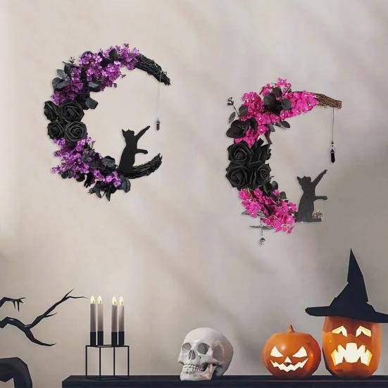 Halloween Wreath for Front Door Black Cat Moonlight Garland LED Lights Door Decor with Purple Flowers Indoor Outdoor Spooky Party Decoration
