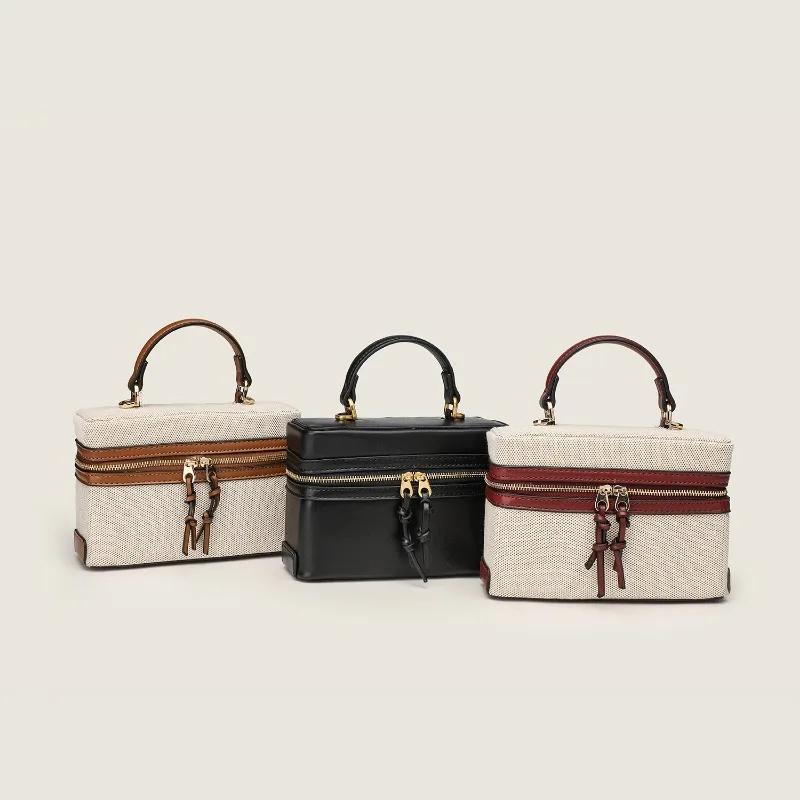 Trend Design Women's Small Square Box Bag  Fashion Canvas Patchwork Leather Double Zipper Crossbody Single Bag High Quality