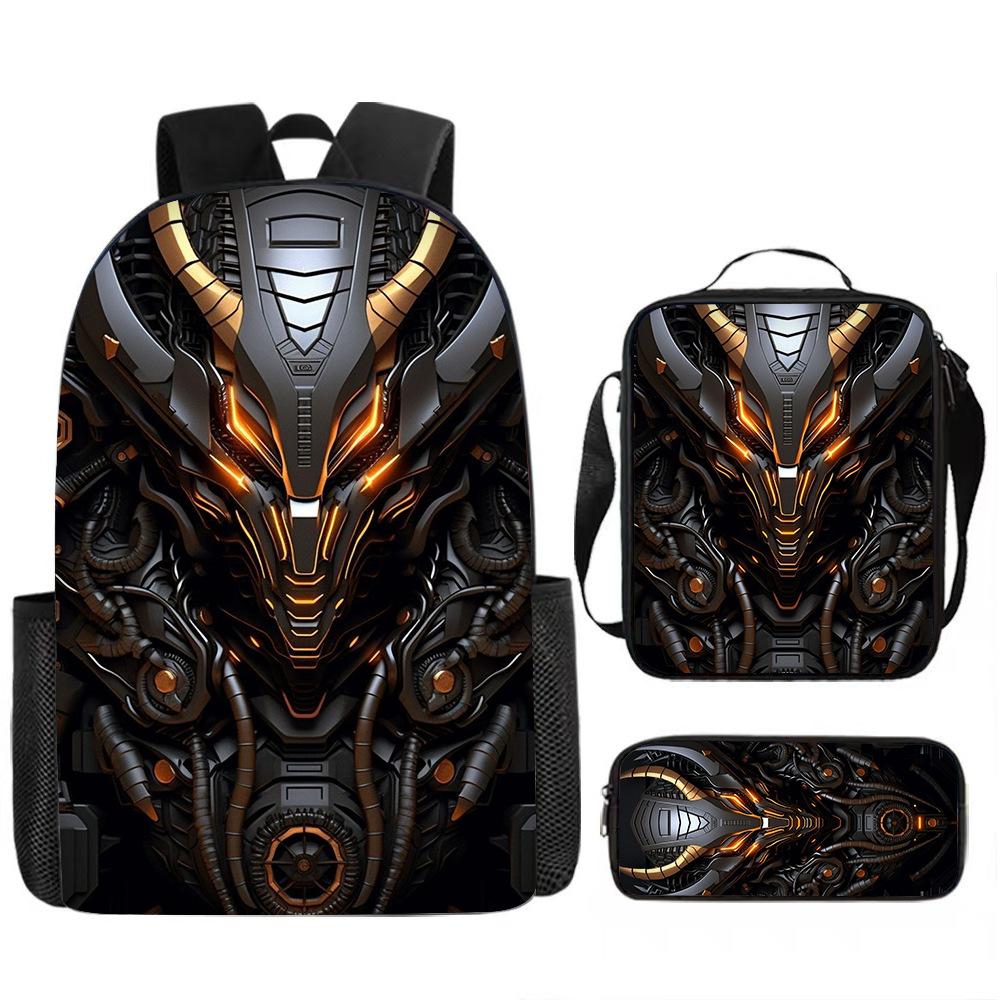 2026 Cross Border New Mechanical Wind Backpack Three Piece Set for Students, Large Capacity Backpack, Ice Bag, Pen Bag