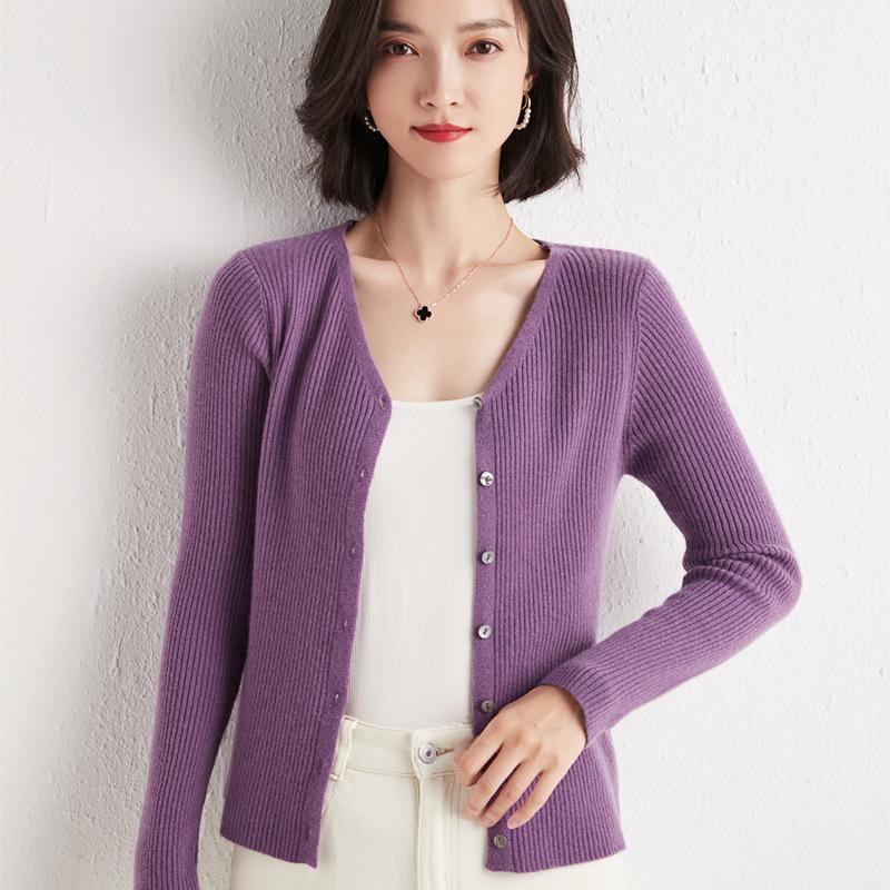 

Женский кардиган с V-образным вырезом, короткий, новый осенне-зимний, верхняя одежда, вязаный свитер, приталенный, с длинными рукавами, куртка-свитер XXL фиолетовый