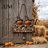 Rustic Holiday Door Sign Halloween Wooden Welcome Hanging Sign, Vintage Farmhouse Hanger with Skeleton Pumpkin Seasonal Window Ornament Ghost,