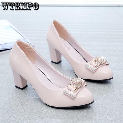 Soft Leather Shallow Mouth Top Shoes for Women High Heels Thick Heels Rhinestone Bowswork Leather Shoes Single Shoes Large Size
