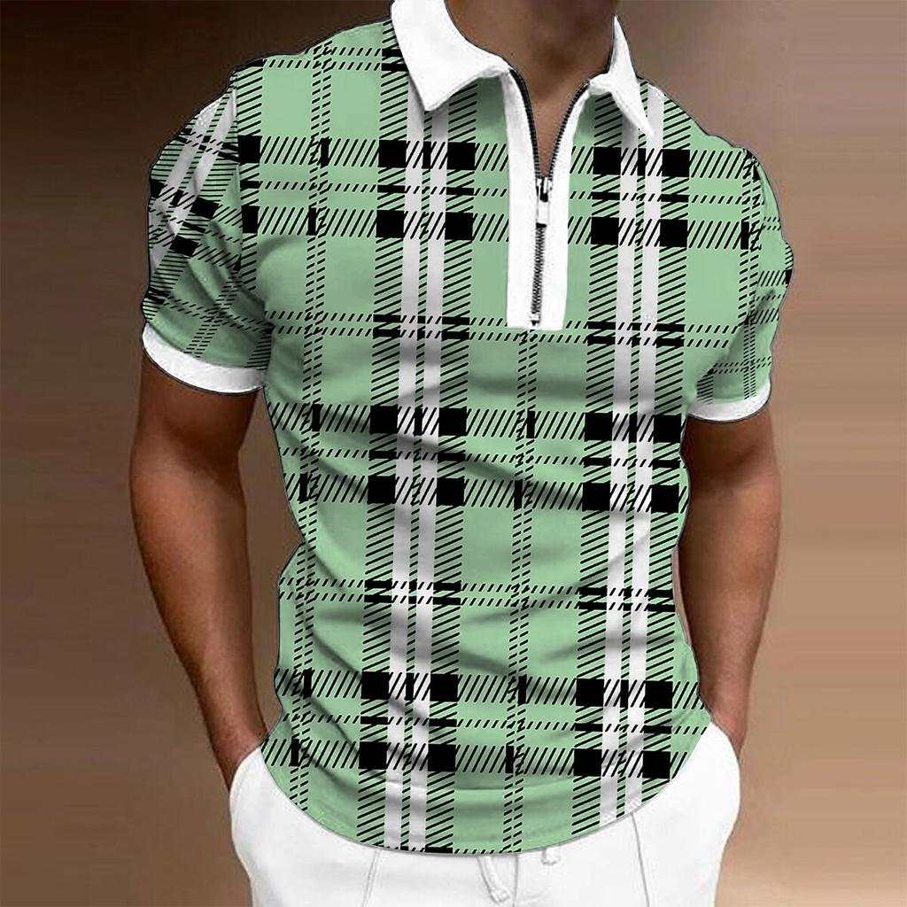 Men's Shirt Polo Casual Zip Short Sleeve Fashion Casual Zipper Summer Spring Regular Fit 3D Green Grid Print Shirt
