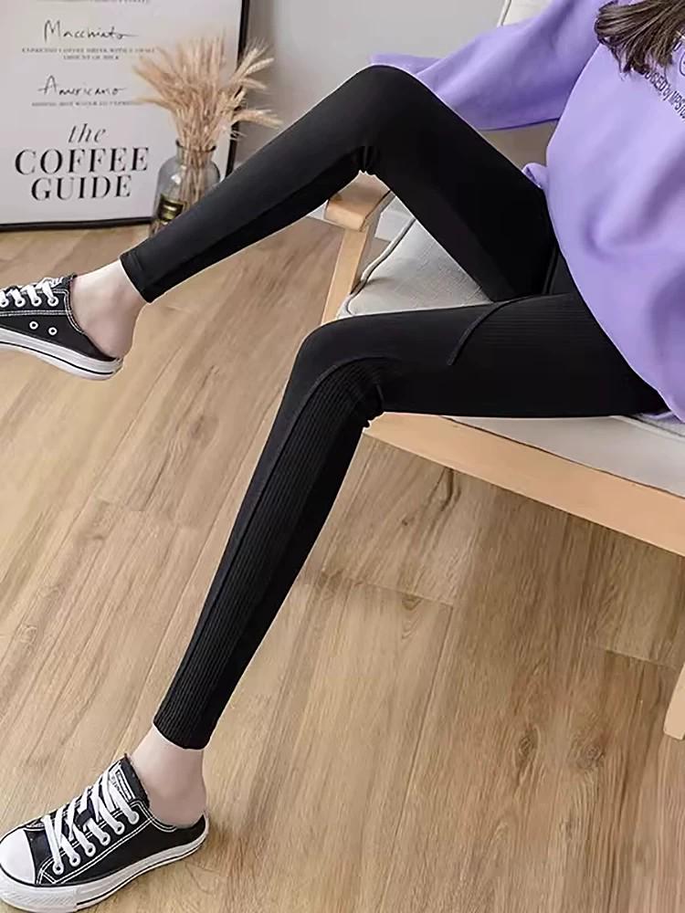 Gray High-Waist Ribbed Leggings for Women – Versatile, Slimming, Plus Size, Stretchy Patchwork Pants for Spring & Autumn