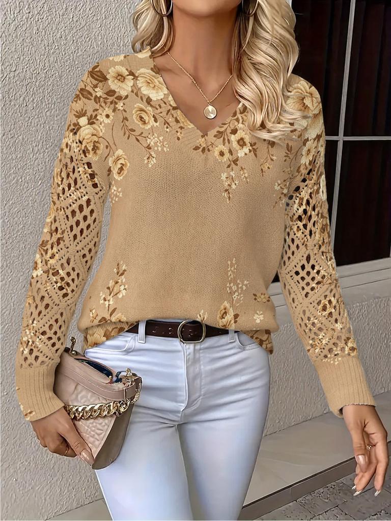 Neues bedrucktes V-Ausschnitt-Oberteil Damen beliebter Pullover Langarm Frühling und Herbst Pullover
