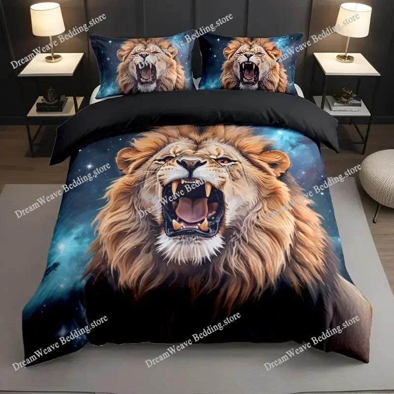 Lion Duvet Cover Set Safari Bedding Set Wildlife Hunting Polyester Double Queen King Size Quilt Cover for Kids Teens 3D Print