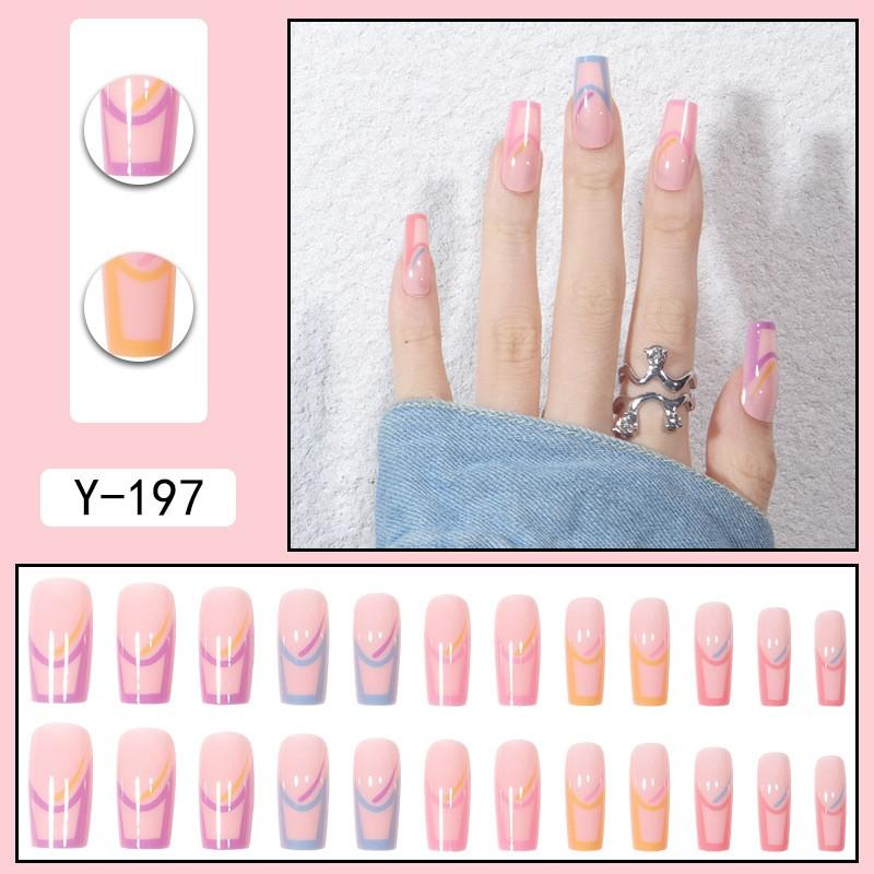 Rainbow French Press-On Nails UV Printed Nail Tips Reusable Acrylic False Women