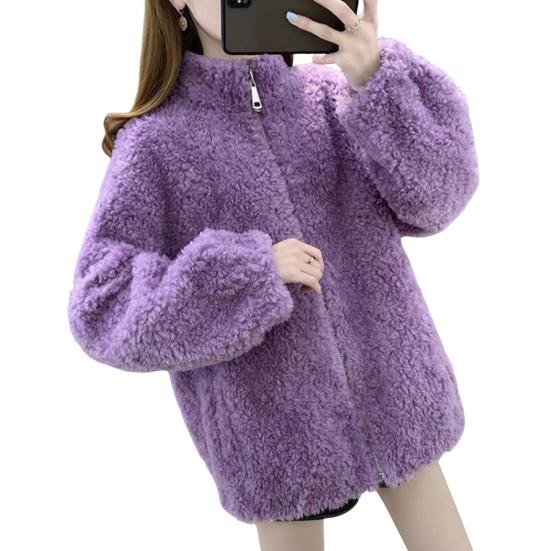 Winter Lady Coat Thickened Double-sided Faux Fleece Solid Color Stand Collar Neck Protection Letter Decor Long Sleeves Keep Warm Outdoor Travel Jacket