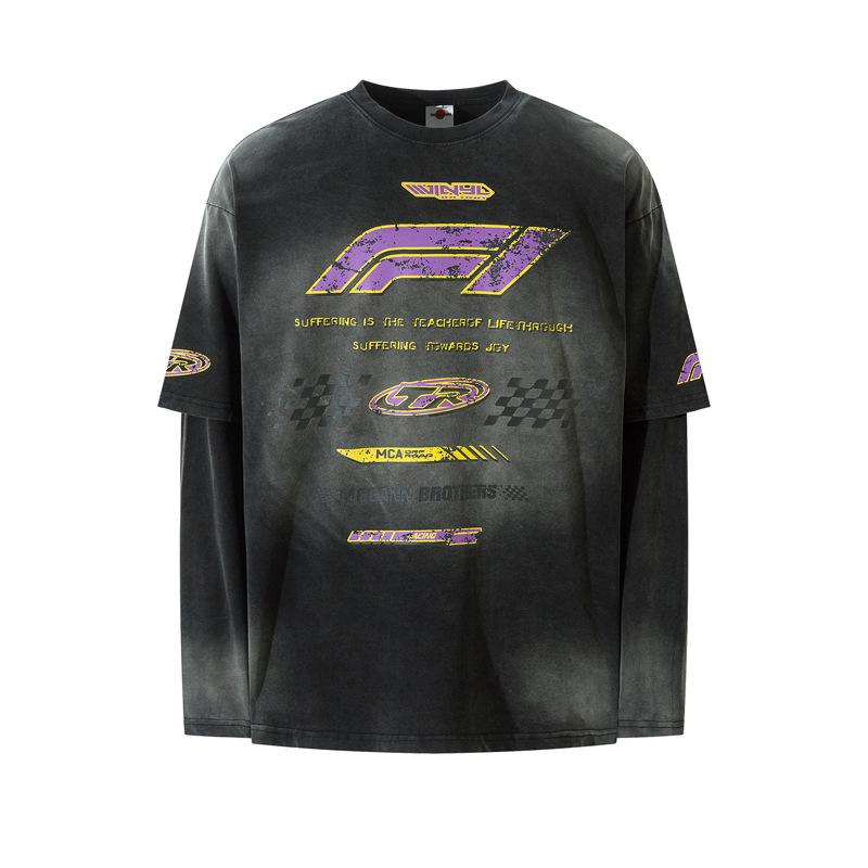 American Racing Retro Distressed Long Sleeve Tee - Hip Hop Streetwear with Cracked Letter Print and Fake Two-Piece Design
