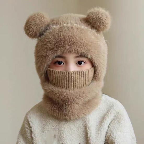Children Hat with Face Guard Double Plush Ball Decor Solid Color Windproof Ear Protection Baby Hat Woolen Knitted Hat