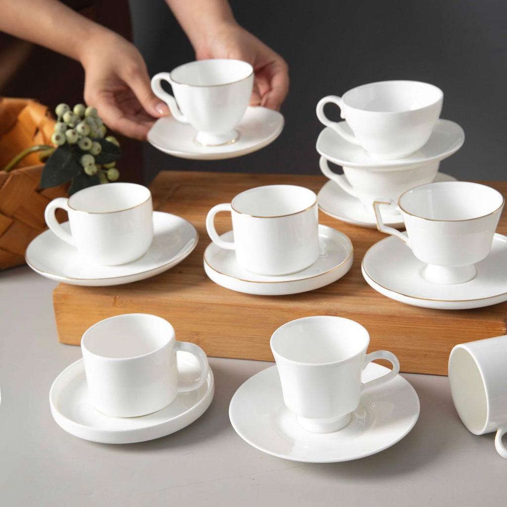 Pure White Bone China Espresso Cup & Saucer with Gold Rim, 80ml