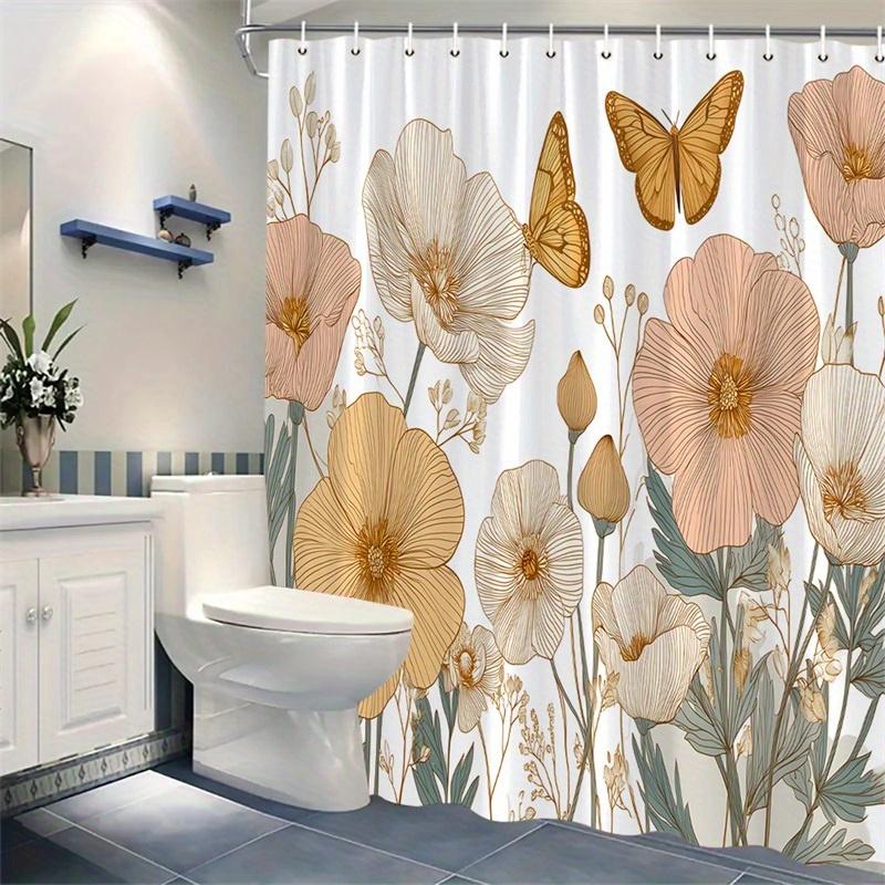 1Pc Vintage Style Peach And Cream Floral Shower Curtain, Polyester Fabric, Machine Washable, Suitable For Bathroom Decoration