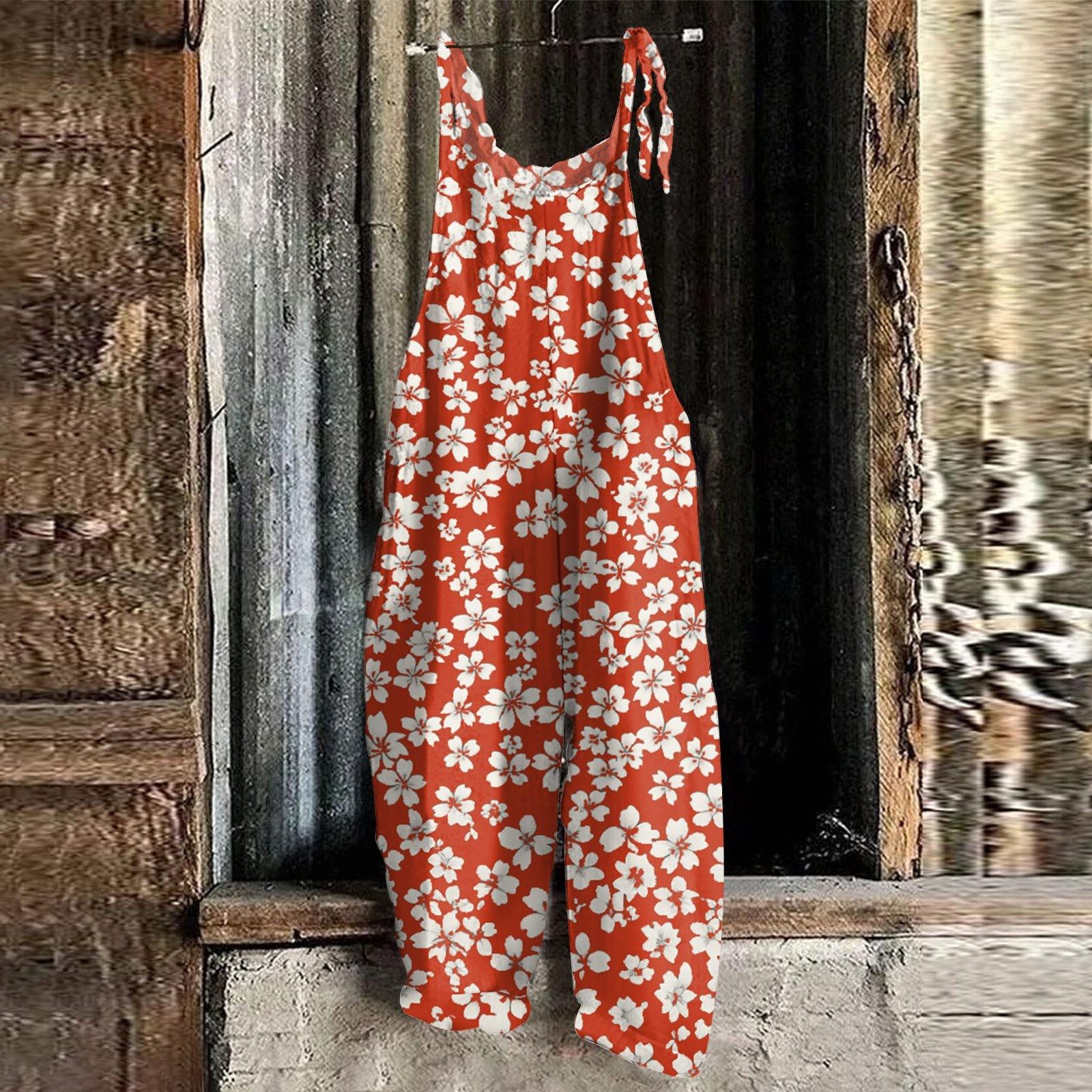 

Женский комбинезон с принтом, повседневный свободный винтажный комбинезон из хлопка и льна XL киноварь