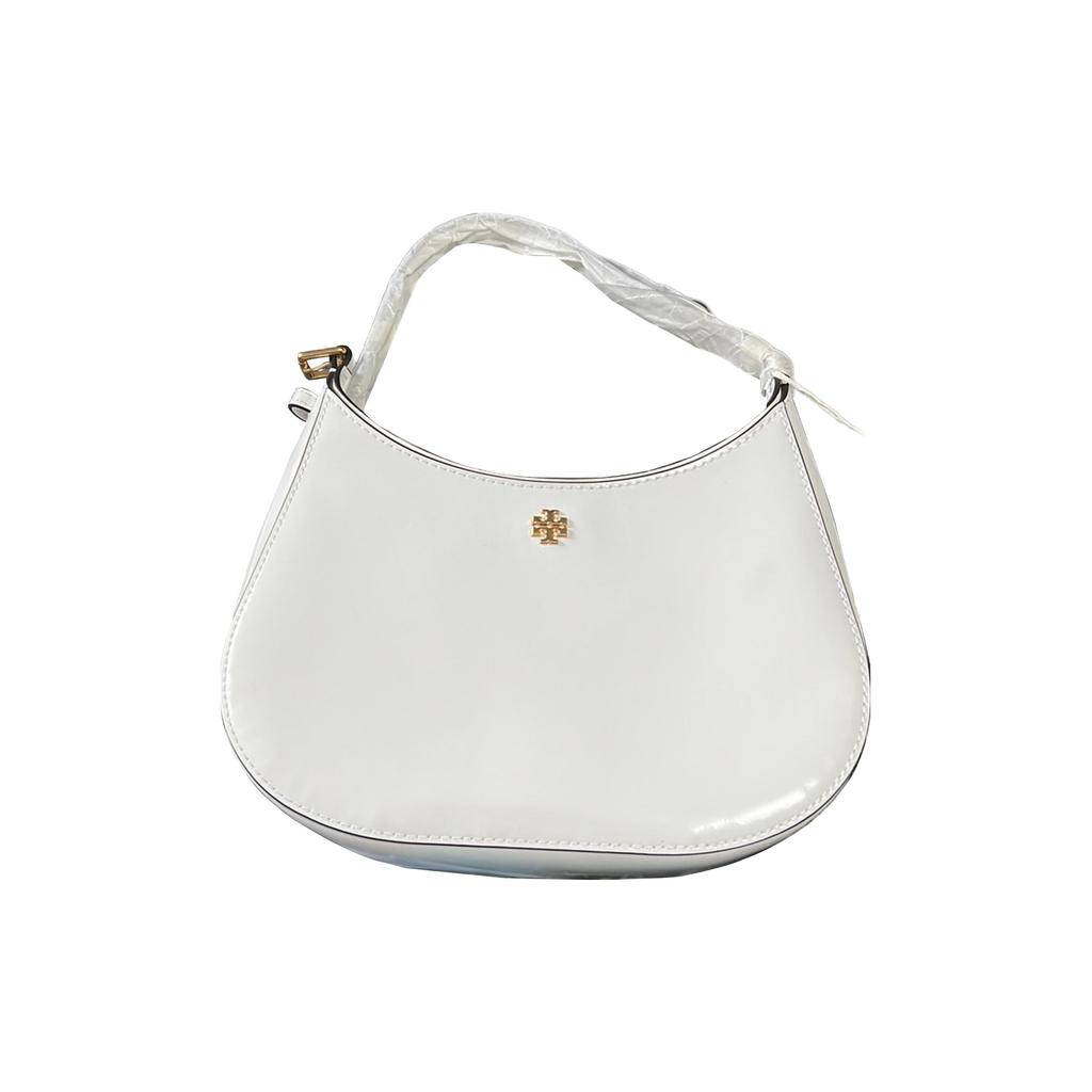 Tory Burch Emerson Double T Logo Zipper Closure Leather Crescent Bag Hobo Handbag Women Handbags White 139327-137