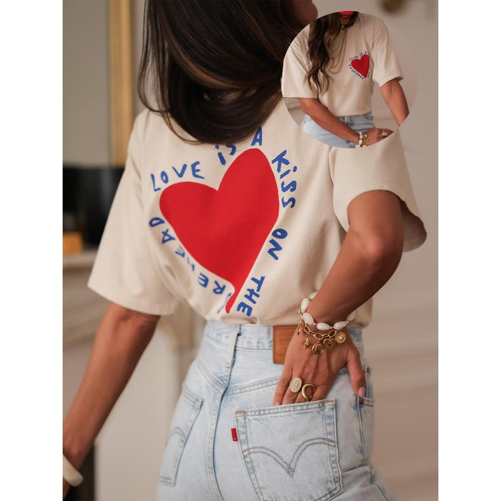 Women S Casual Crew Neck Short Sleeve Geometric Heart Print Regular All-Season Comfort Tee for Casual Attire Aesthetic Clothes M
