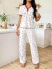 Spring and Autumn Women's Wide-Leg Print Pajama Set: Comfortable Short Sleeve Top and Long Pants for Indoor/Outdoor Wear.